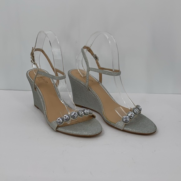 Jewel Badgley Mischka wedge shoe silver metallic glitter clear crystal sandal 11 - Picture 2 of 7